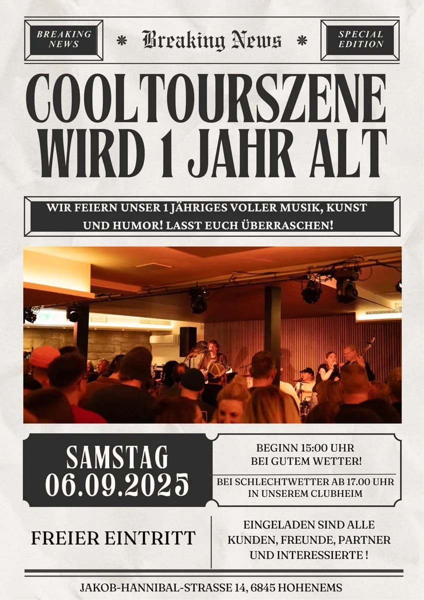 Veranstaltungsplakat: 1 JAHR COOLTOURSZENE – LASST UNS FEIERN! 1 JAHR COOLTOURSZENE – LASST UNS FEIERN!