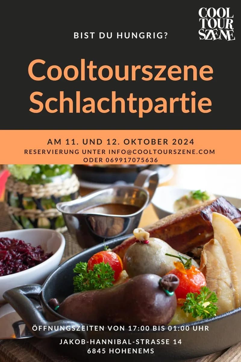 Veranstaltungsplakat: Cooltourszene Schlachtpartie – Ein Fest für Feinschmecker! Cooltourszene Schlachtpartie – Ein Fest für Feinschmecker!
