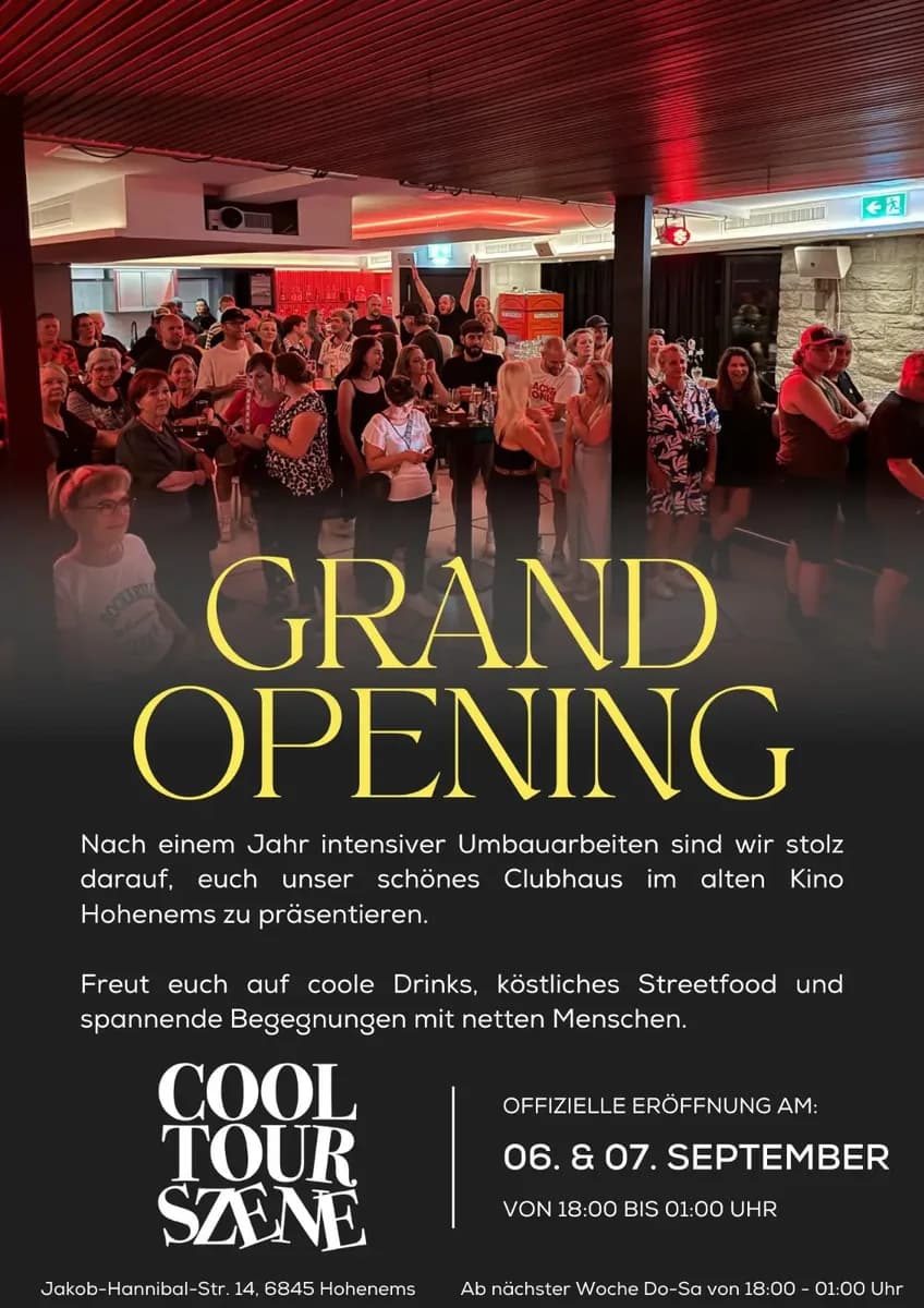 Veranstaltungsplakat: Grand Opening – Willkommen im neuen COOLTOURSZENE Clubhaus! Grand Opening – Willkommen im neuen COOLTOURSZENE Clubhaus!