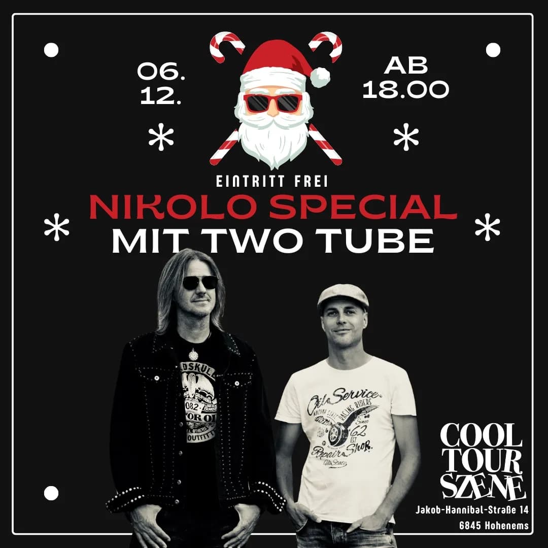Veranstaltungsplakat: Nikolo Special mit Two Tube – Musikalischer Abend im COOLTOURSZENE! Nikolo Special mit Two Tube – Musikalischer Abend im COOLTOURSZENE!
