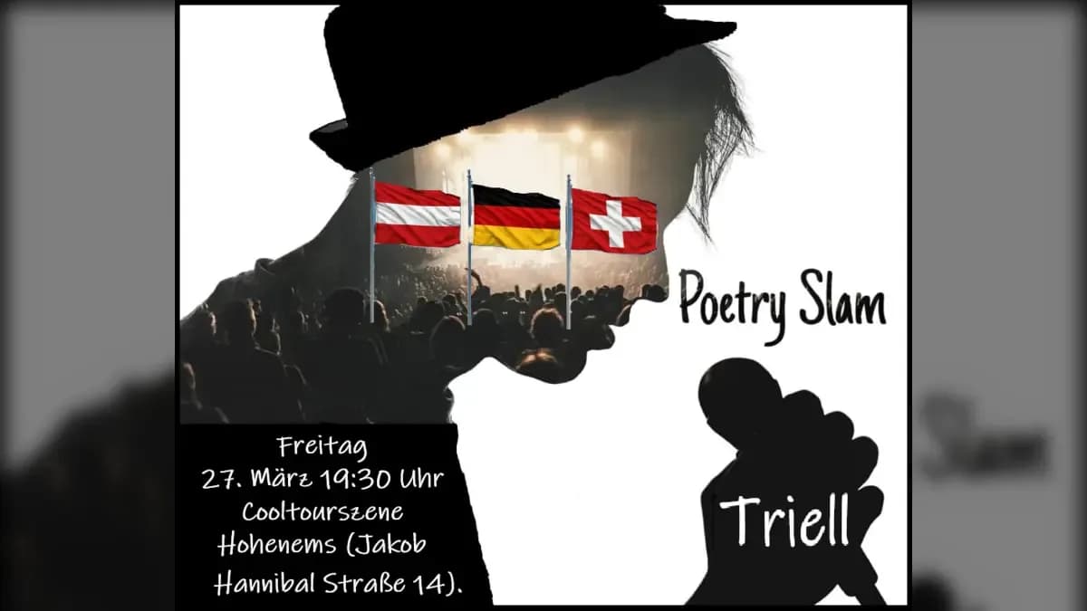 Veranstaltungsplakat: Poetry Slam Hoch 3 – Ein literarisches Triell der Extraklasse Poetry Slam Hoch 3 – Ein literarisches Triell der Extraklasse