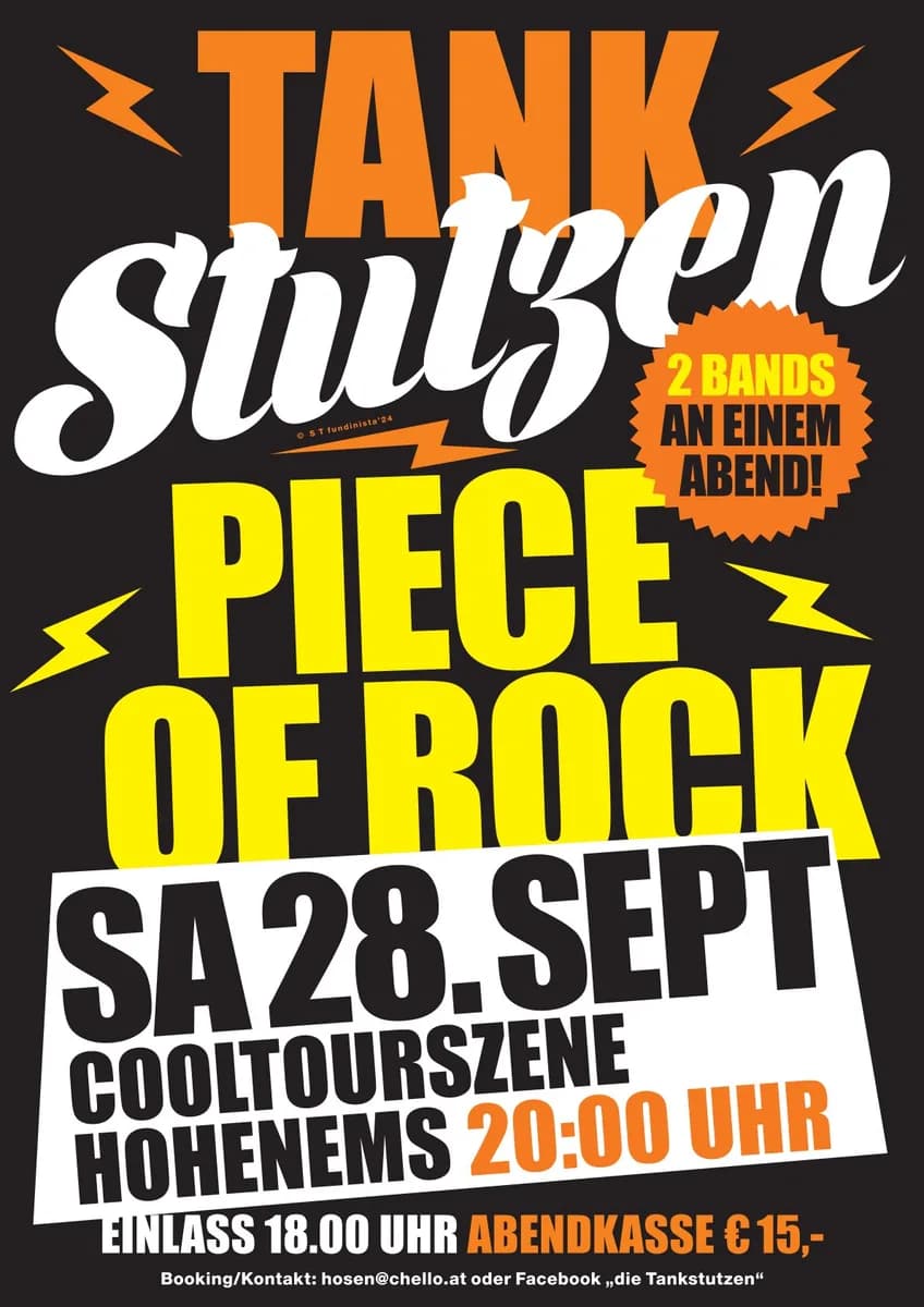 Veranstaltungsplakat: Tankstutzen & Piece of Rock – Zwei Bands an einem Abend! Tankstutzen & Piece of Rock – Zwei Bands an einem Abend!